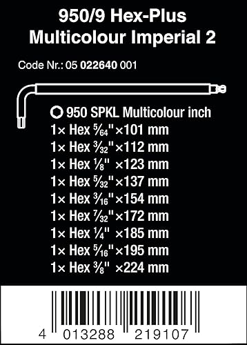 Jeu de 2 clés en L impériales multicolores Wera 950/9 Hex-Plus - 9 pièces
