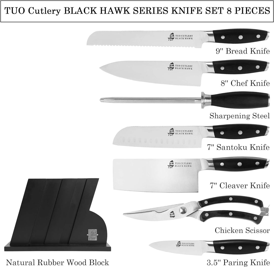 Tuo Kitchen Knife Set 8 Pieces with Wooden Block - Black Hawk
