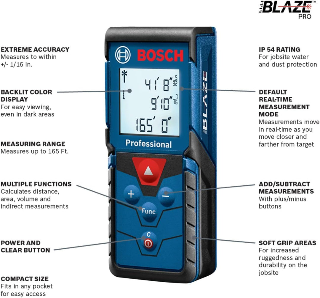 Bosch Blaze Pro 165ft Laser Distance Measure with Color Backlit Display