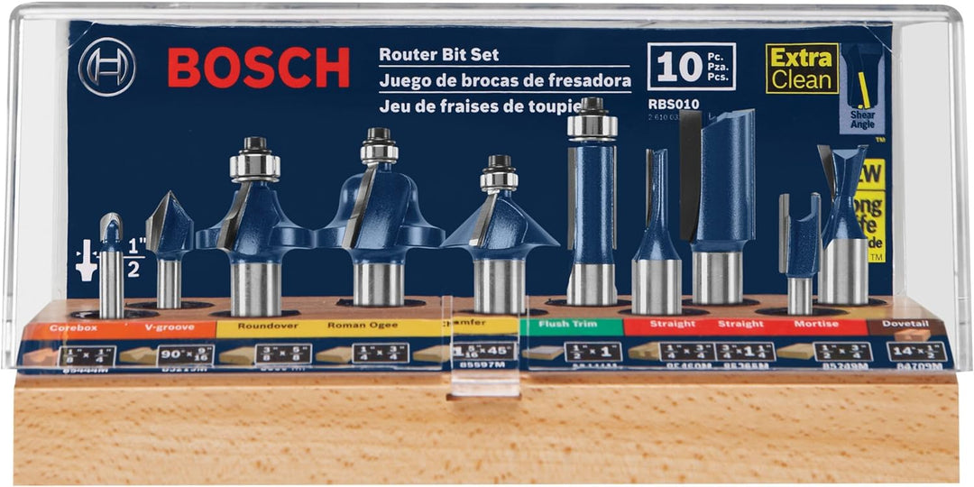 Bosch 1/2" & 1/4" Shank Carbide-Tipped All-Purpose Professional Router Bit Set - 10 Piece