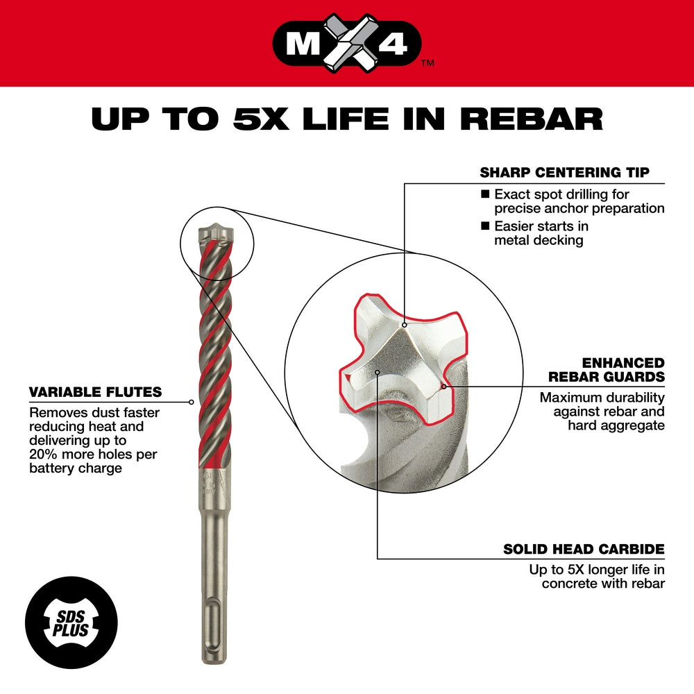 Milwaukee 1/2" X 6" SDS Plus MX4 4-Cutter Carbide Bit