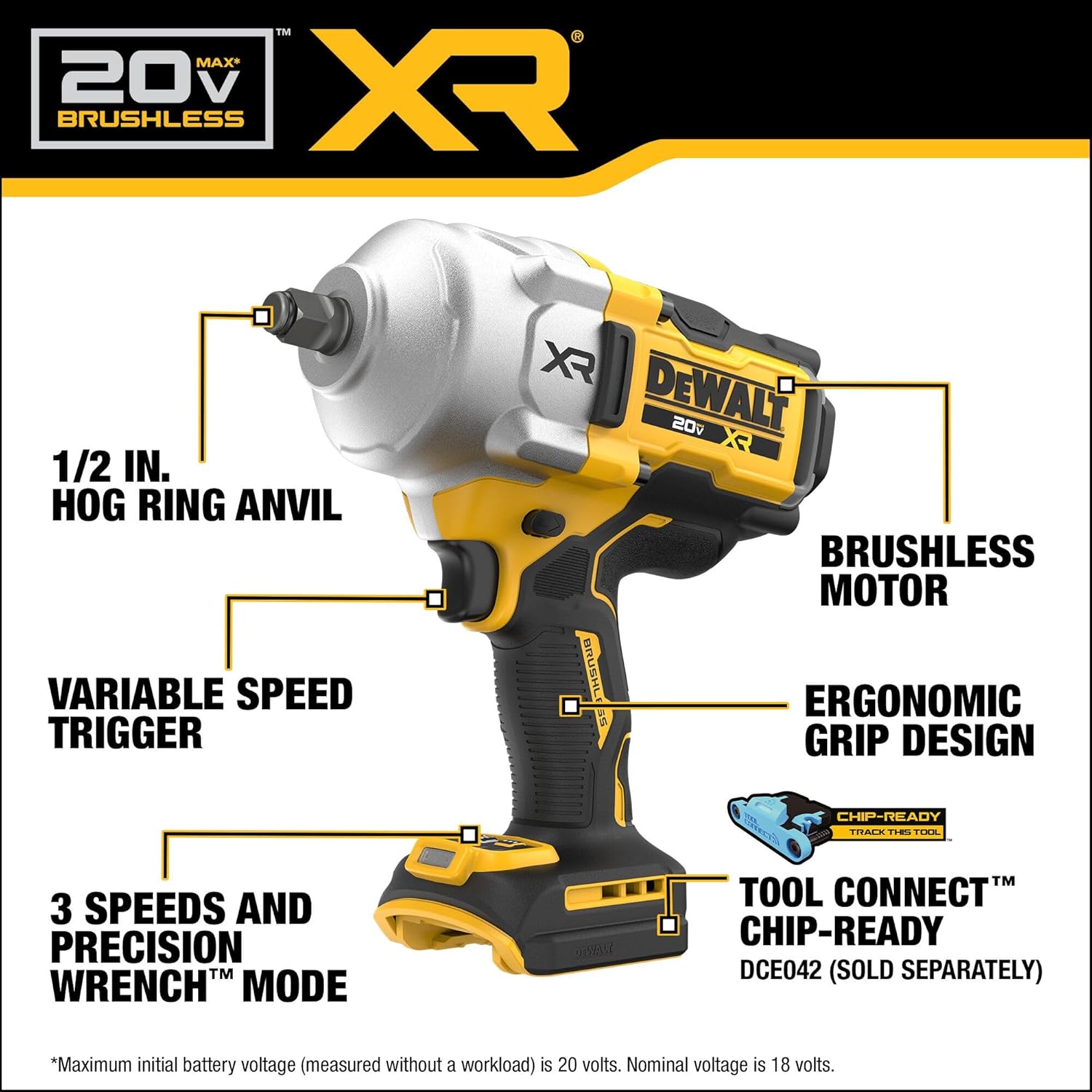 Dewalt 20V MAX Clé à chocs sans fil, 1/2" Hog Ring, couple élevé, sans balais, nue - Outil seul