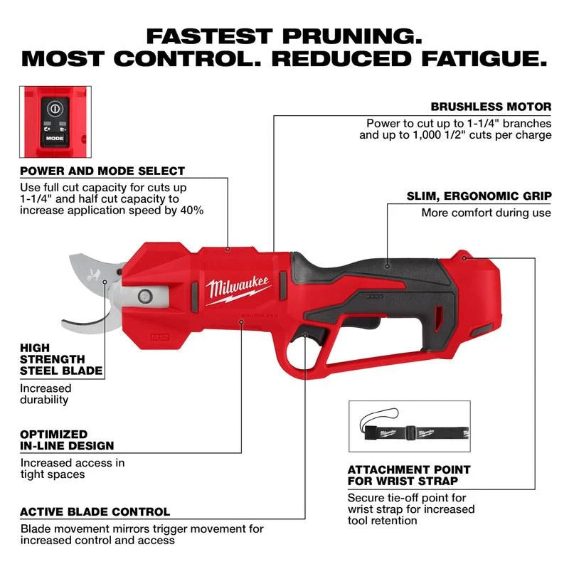 Milwaukee M12 12V Lithium-Ion Cordless Brushless Pruning Shears - Outil seulement