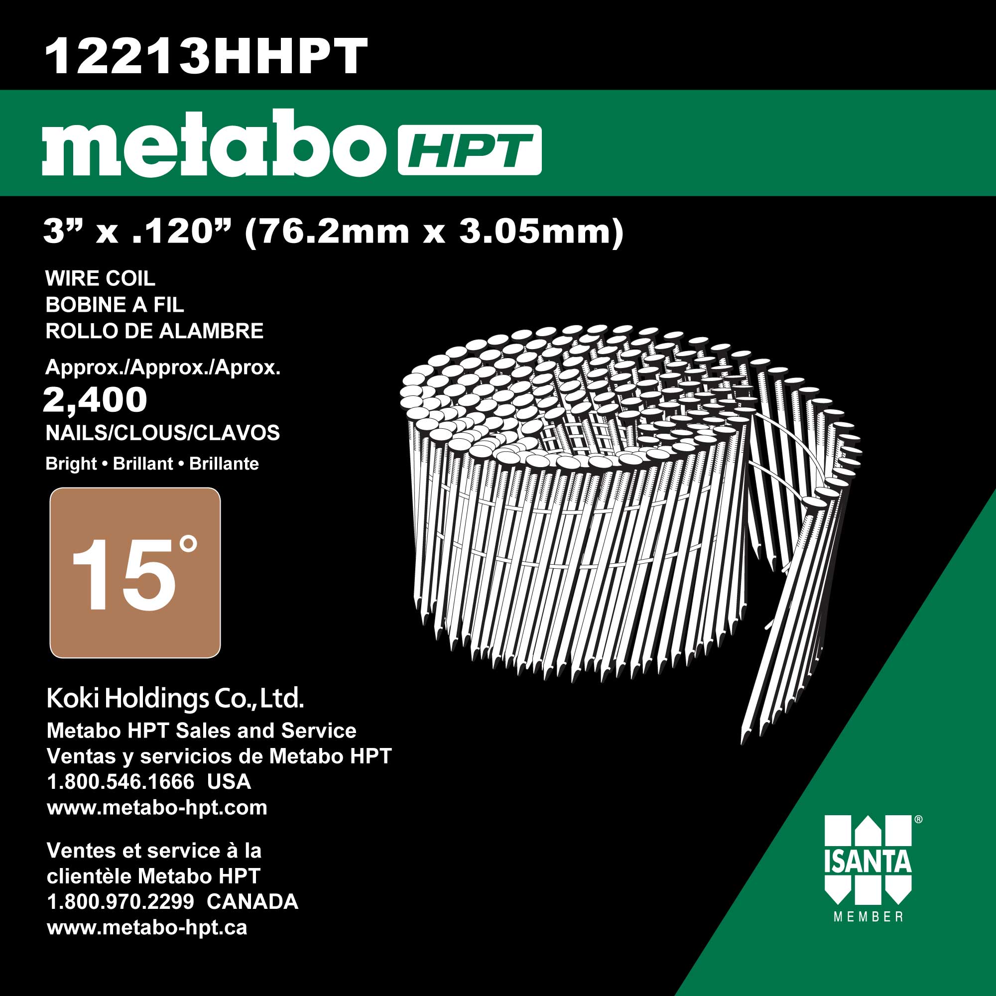 Metabo HPT 3" x 1.120 Full Round Head Brite Basic Wire Coil Framing Nails - 2400 Count