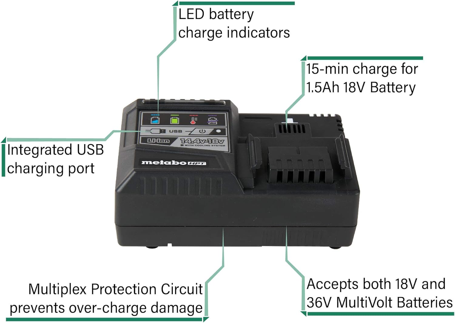 Metabo UC18YSL3M 18V HPT Chargeur de batterie rapide avec port USB