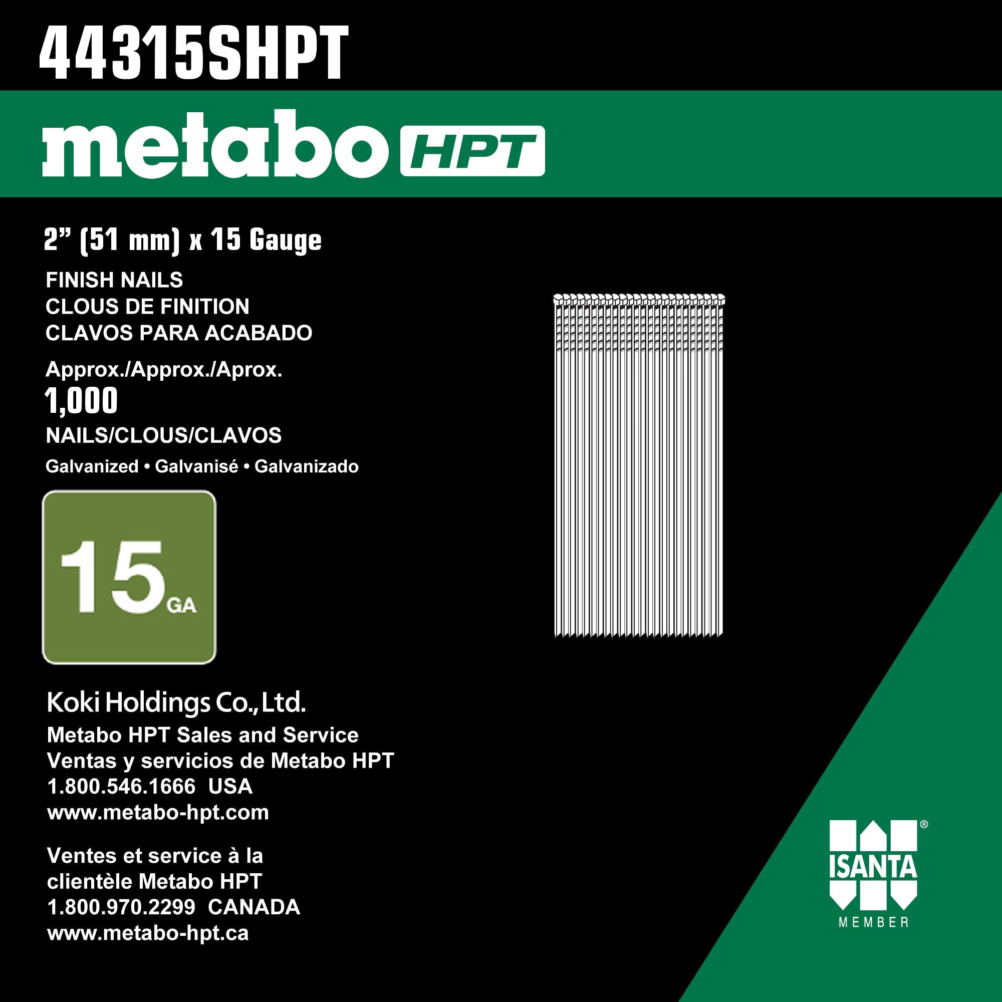 Metabo HPT 2" x 15 Gauge Stainless Steel Finish Nails - 1000 Count