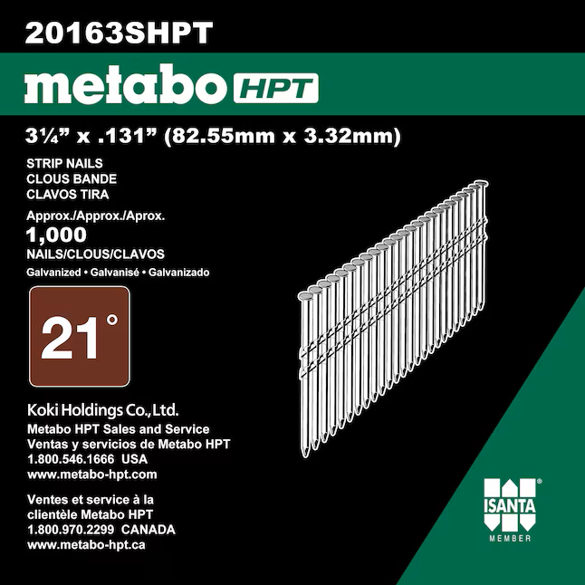 Metabo 20163SHPT Clous pour charpente - 3-1/4" par 0.131 - Tête ronde pleine - Galvanisé à chaud - 1000 pièces