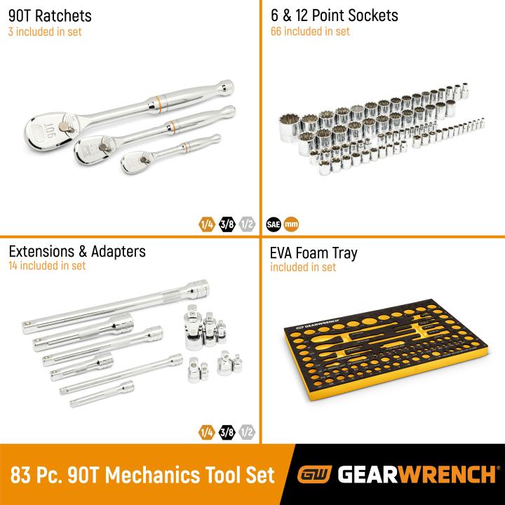 Gearwrench 1/4" 3/8" & 1/2" 90T SAE Metric Mechanics Tool Set with Eva Foam Tray - 83 Piece