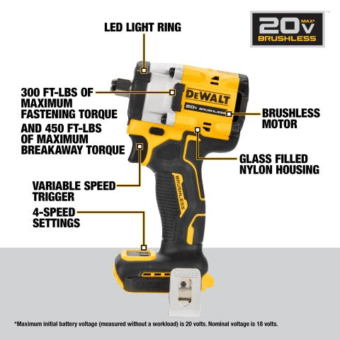 Dewalt Atomic 20V Max 1/2" Cordless Impact Wrench with Hog Ring Anvil - Tool Only