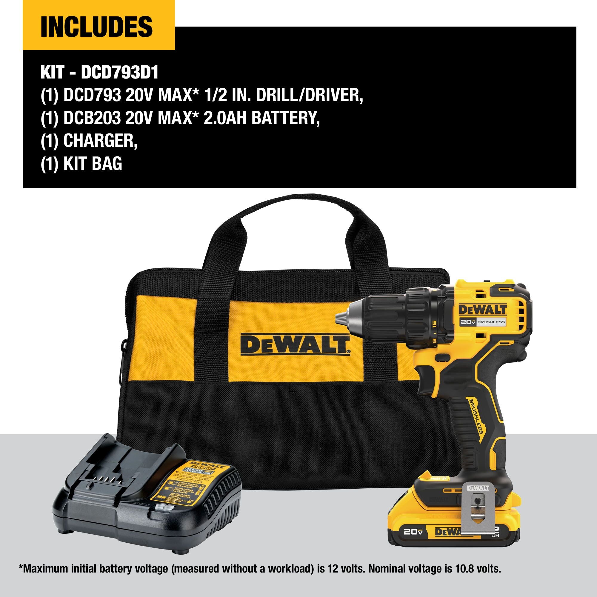 Dewalt 20V Max 1/2" Led Brushless Cordless Compact Drill Driver Kit with Ratcheting Chuck