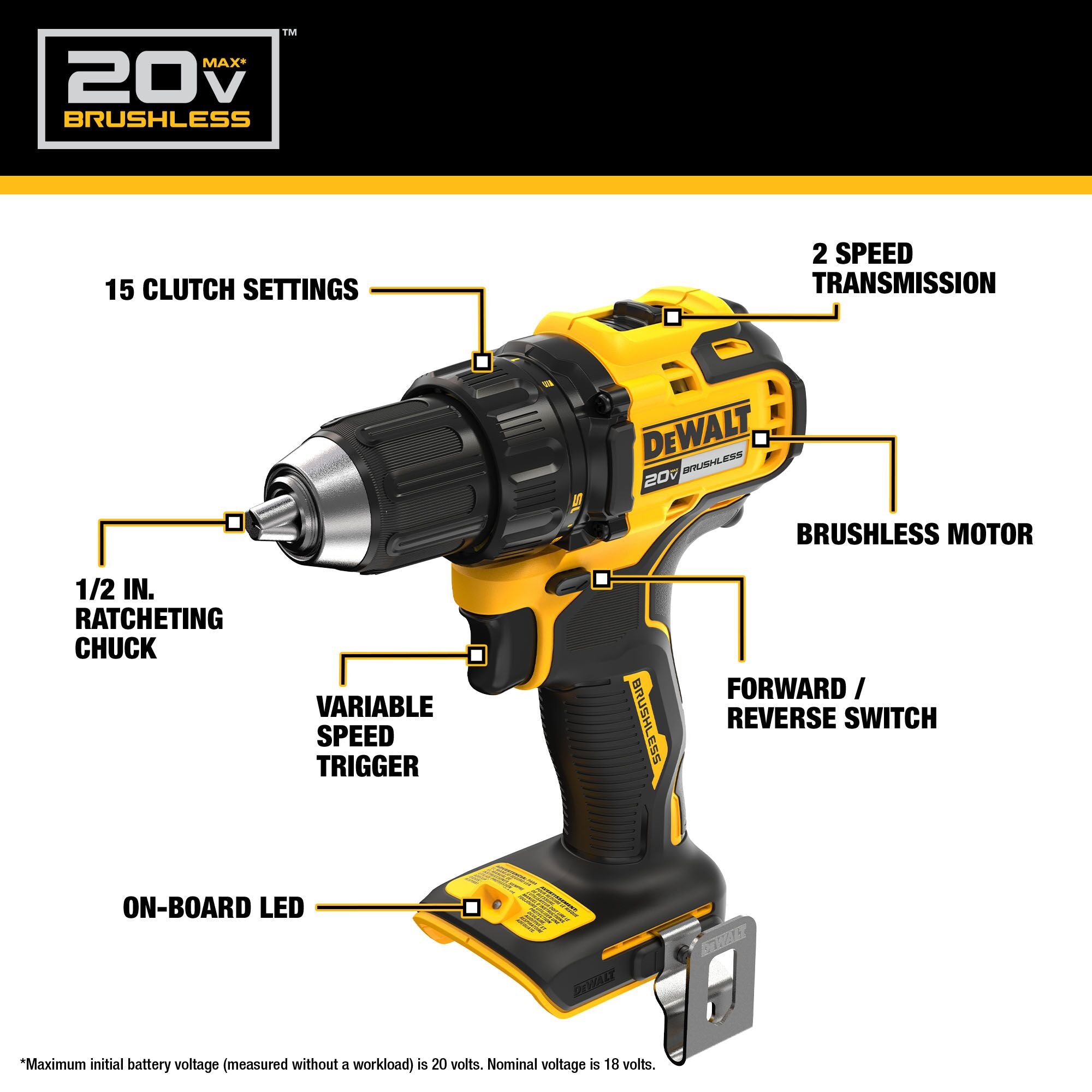 Dewalt 20V Max 1/2" Led Brushless Cordless Compact Drill Driver Kit with Ratcheting Chuck
