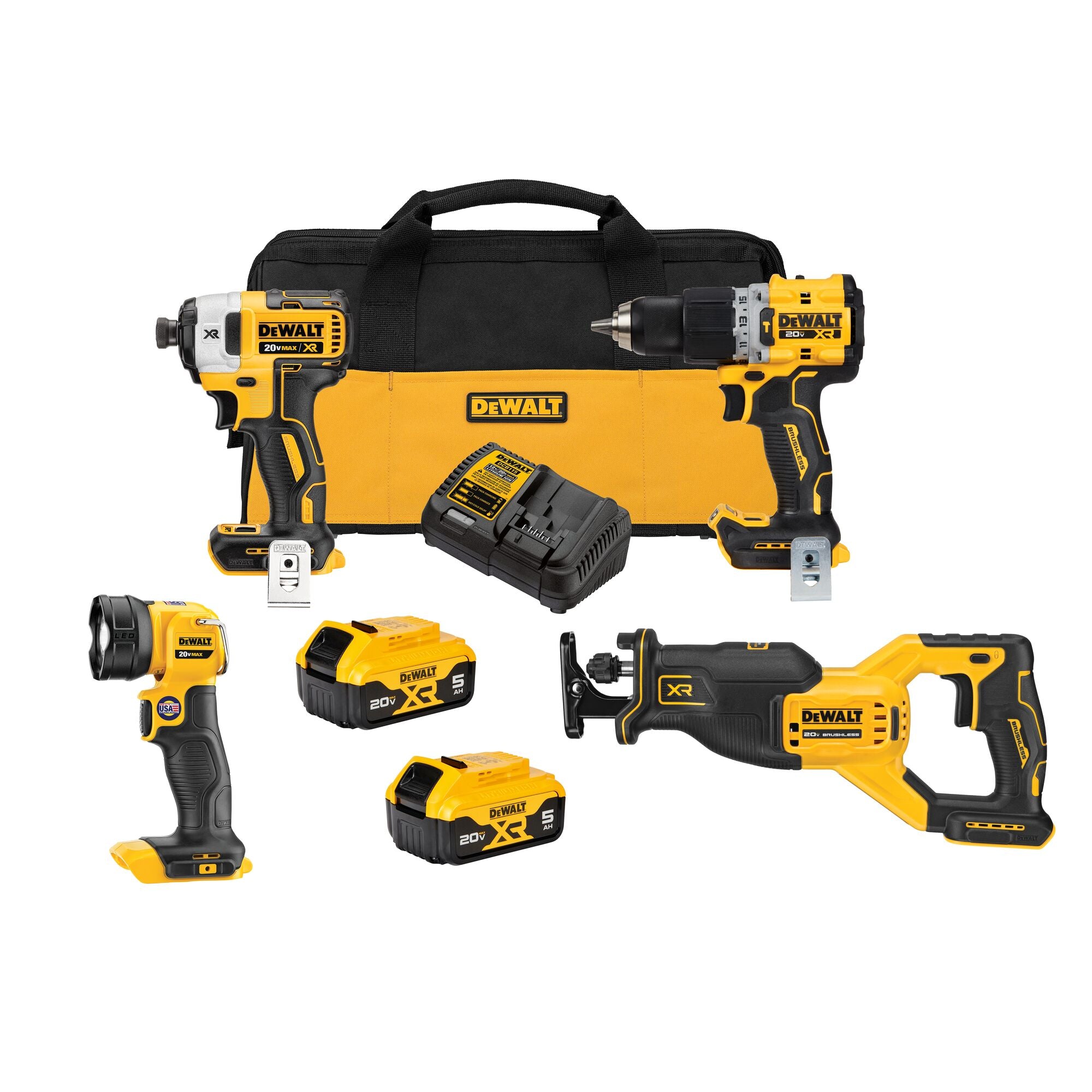 Dewalt 20V Max XR Marteau perforateur - Moteur à chocs - Scie à guichet et lampe de travail - Kit combiné d'outils électriques