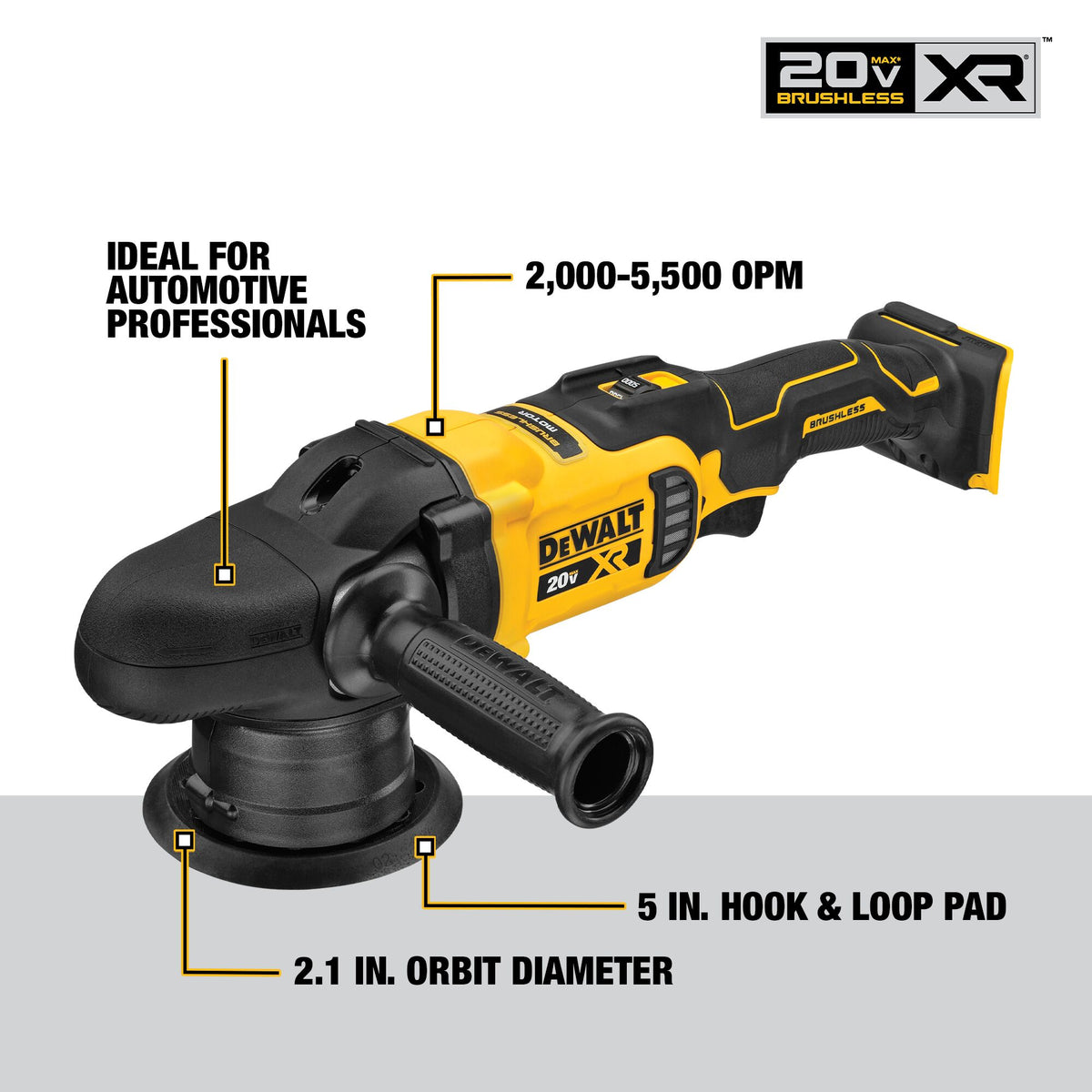 Dewalt 20V MAX XR 5" Kit de polisseuse à orbite aléatoire à vitesse variable avec 2 batteries et un sac