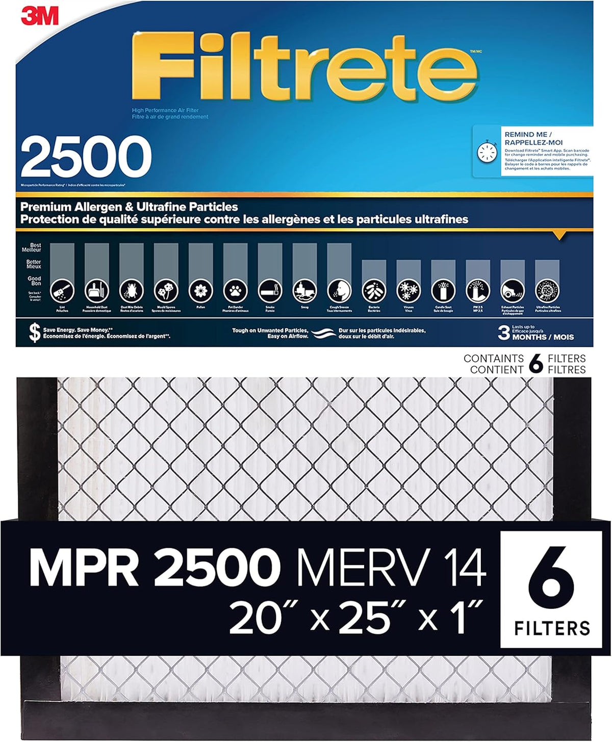 Filtrete 20 x 25 x 1 MPR2500 Furnace Filter - 6 Pack