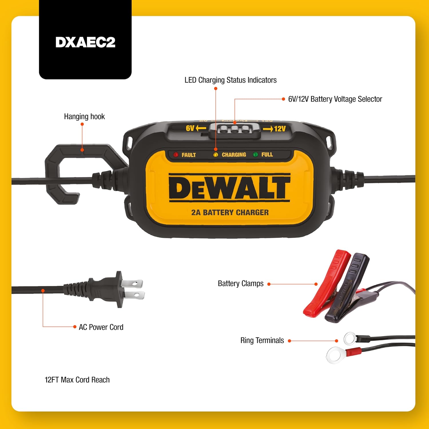 Dewalt Professional 2 Amp Automotive Battery Charger/Maintainer (chargeur/mainteneur de batterie automobile)