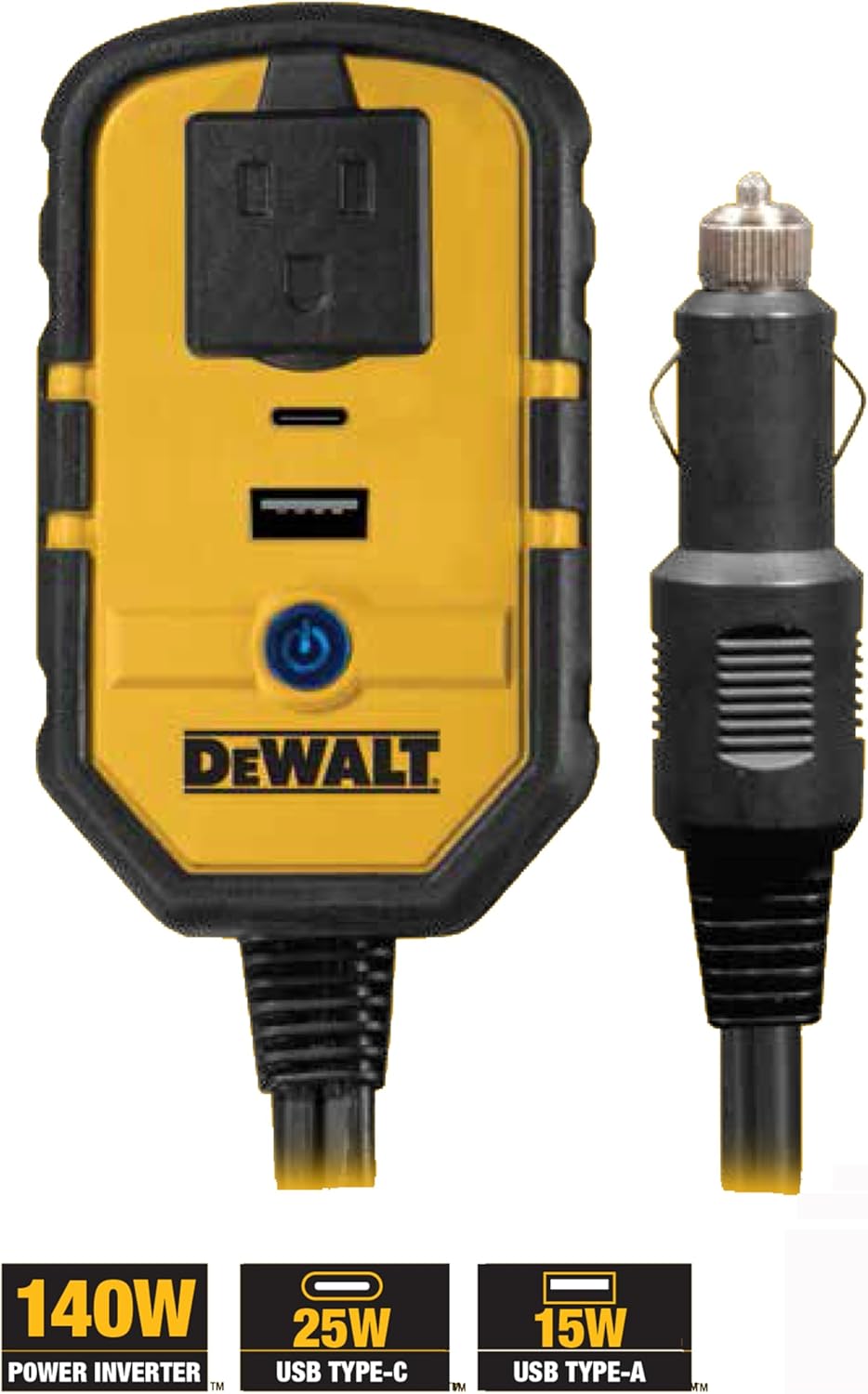 Dewalt Power Inverter 140W Car Converter 12V DC To 120V AC Power Outlet