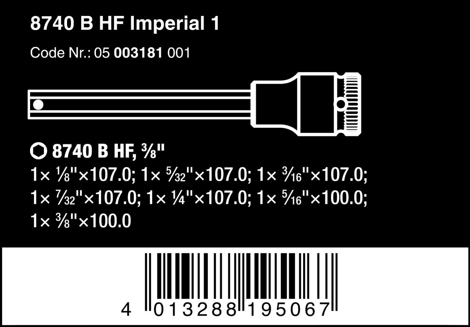 Wera 3/8" HF 8740 B HF Imperial 1 Bit Socket Set - 7 Pc