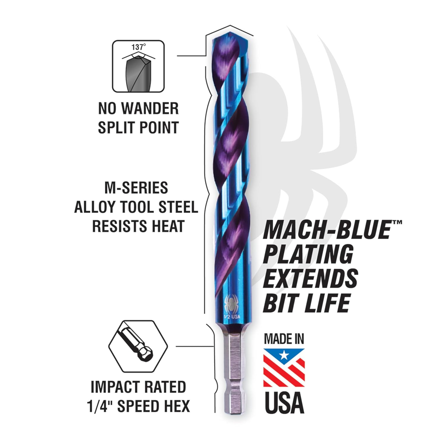 Spyder 3/8" HSS Drill Bit with Hex Shank - Mach-Blue Armor Plating