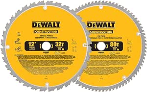 DEWALT Series 20 12-Inch 80 Tooth And 12-Inch 32T ATB Thin Kerf Crosscutting Miter Saw Blade