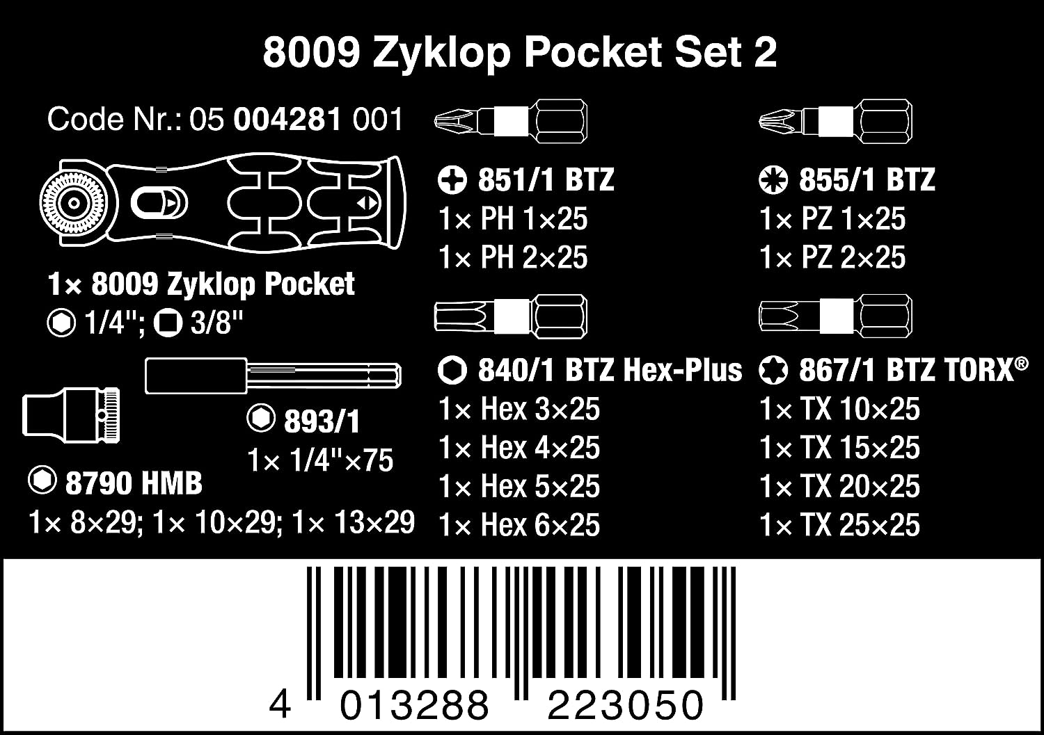Wera 8009 Zyklop Pocket Imperial Set 1, 13‑delig Wera 8009 Zyklop Pocket Imperial Set 1, 13‑delig