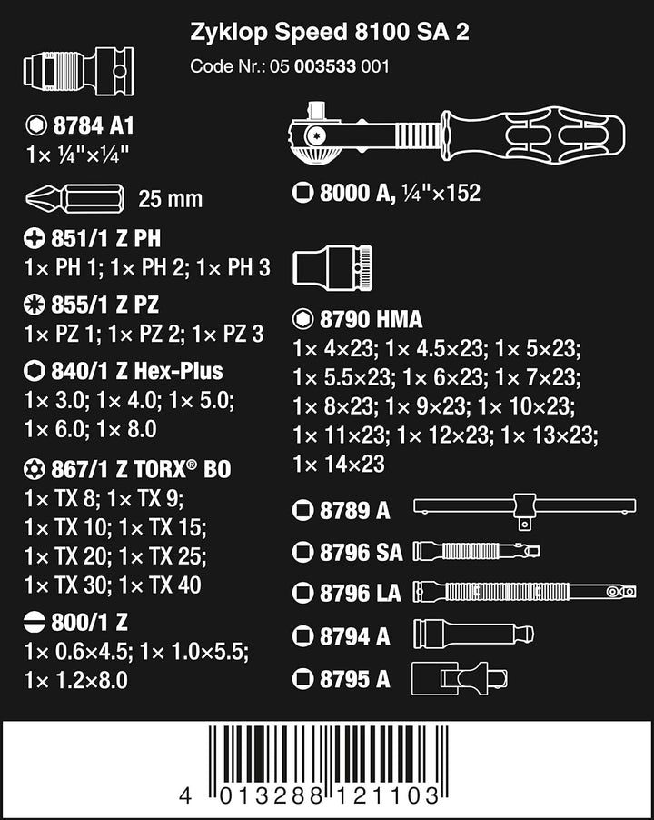 Wera 8100 SA 2 Jeu de cliquets métriques Zyklop 1/4" - 42 pièces