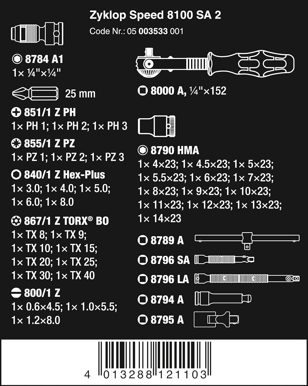 Wera 8100 SA 2 Jeu de cliquets métriques Zyklop 1/4" - 42 pièces