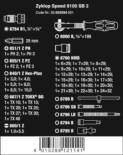 Wera 8100 SB 2 Zyklop Jeu de 43 clés à cliquet métriques 3/8