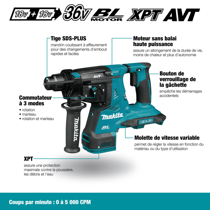 Makita 18VX2 LXT Marteau rotatif sans balais 1-1/8" SDS-Plus - Outil uniquement 