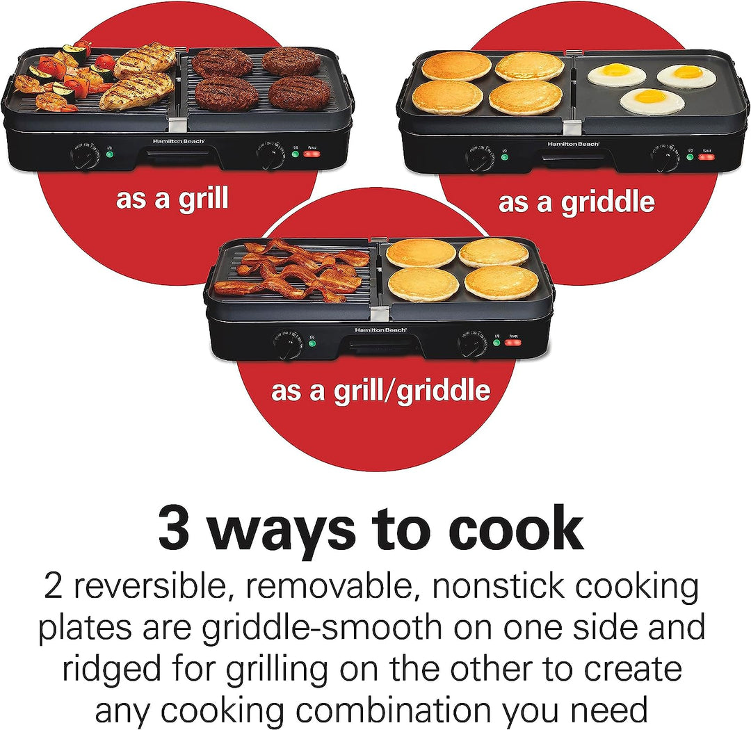 Hamilton Beach 3-in-1 Electric Indoor Grill with 2 Cooking Zones - Black