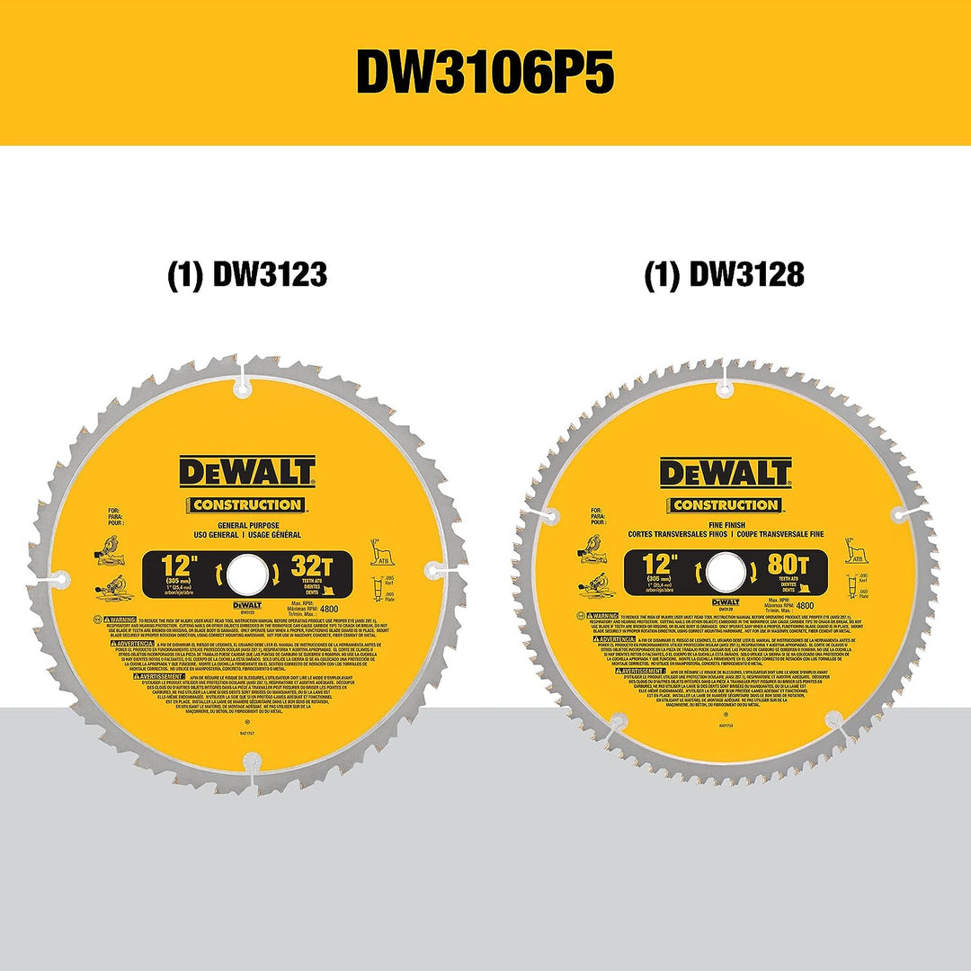 DEWALT Lame de scie à onglet à coupe transversale à trait fin ATB série 20 de 12 pouces, 80 dents et 12 pouces 32T, série 20 