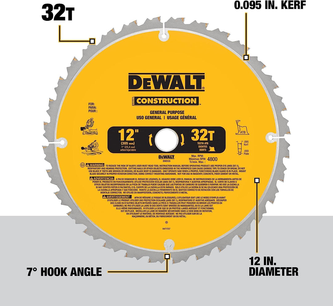 DEWALT Series 20 12-Inch 80 Tooth And 12-Inch 32T ATB Thin Kerf Crosscutting Miter Saw Blade