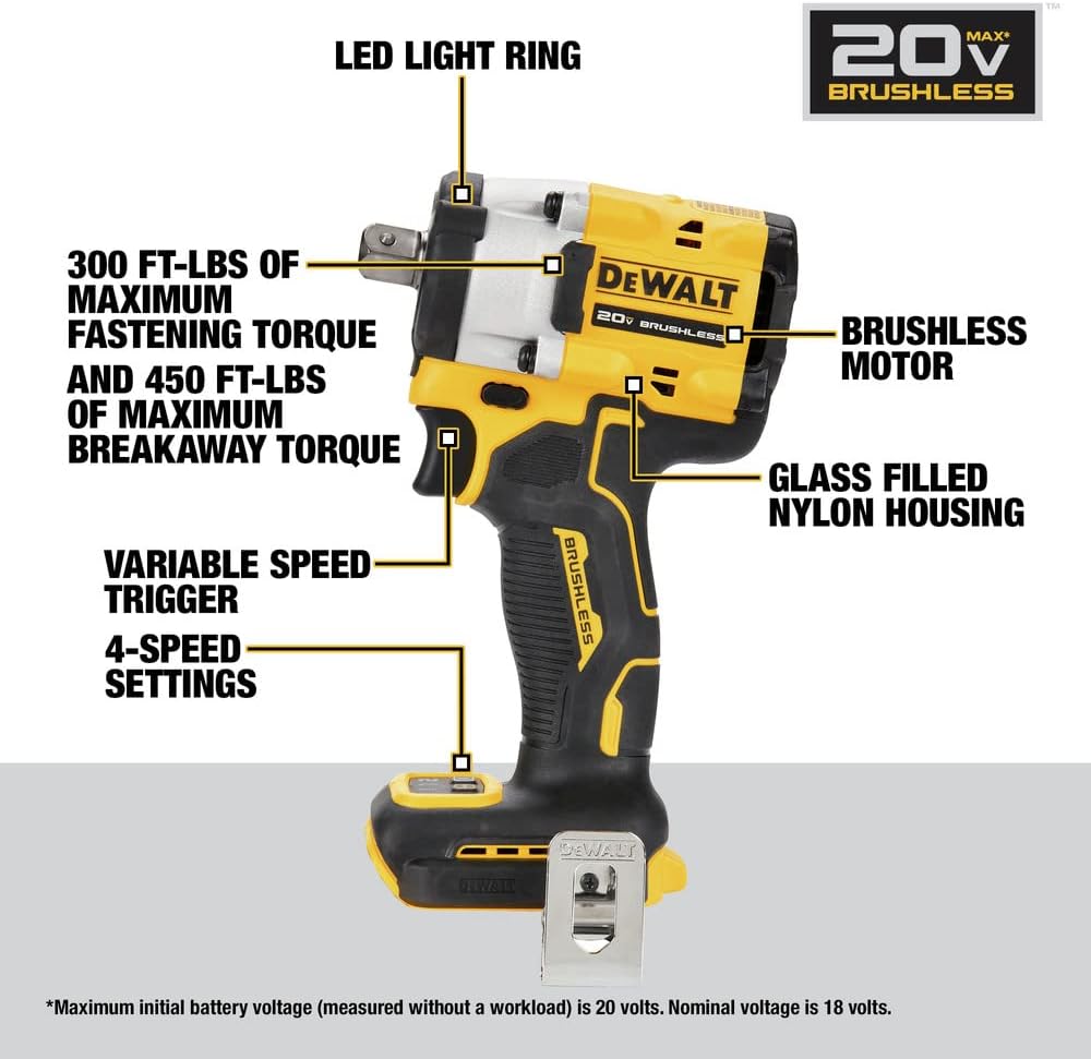 Dewalt Atomic 20V Max Cordless Impact Wrench with Detent Pin Anvil I/2 In - Tool Only