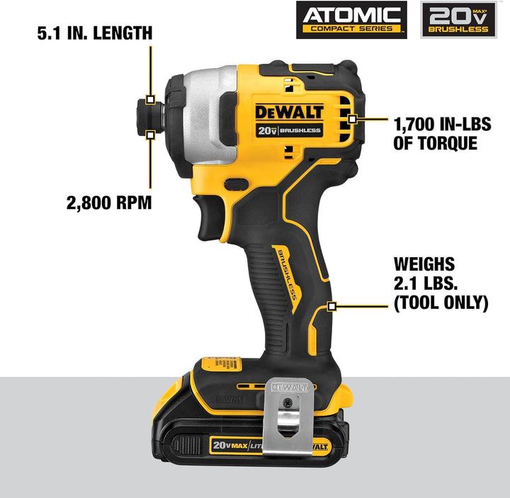 Visseuse à percussion Dewalt Atomic 20 V MAX, kit compact avec 2 piles