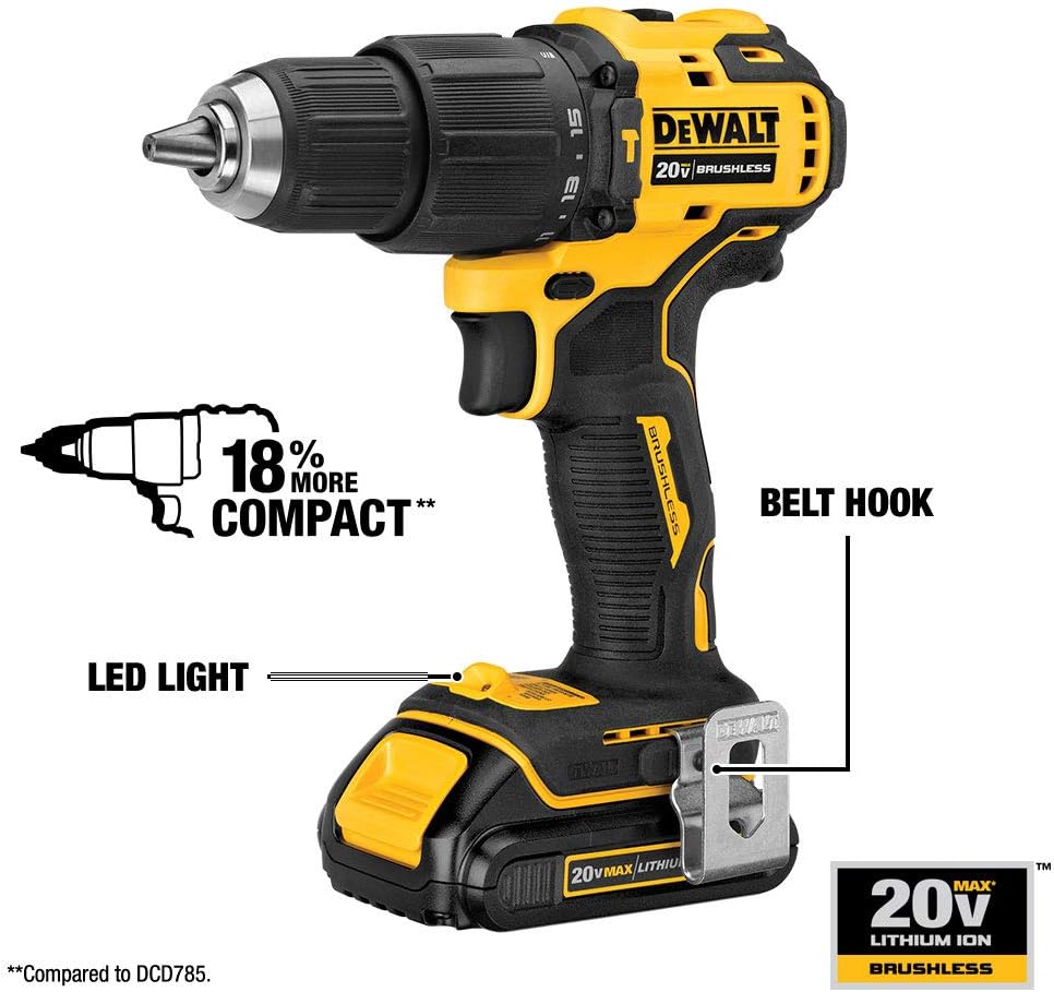 Perceuse compacte sans fil Dewalt-Atomic 20 V Max Hammer avec 2 batteries - 1/2 po