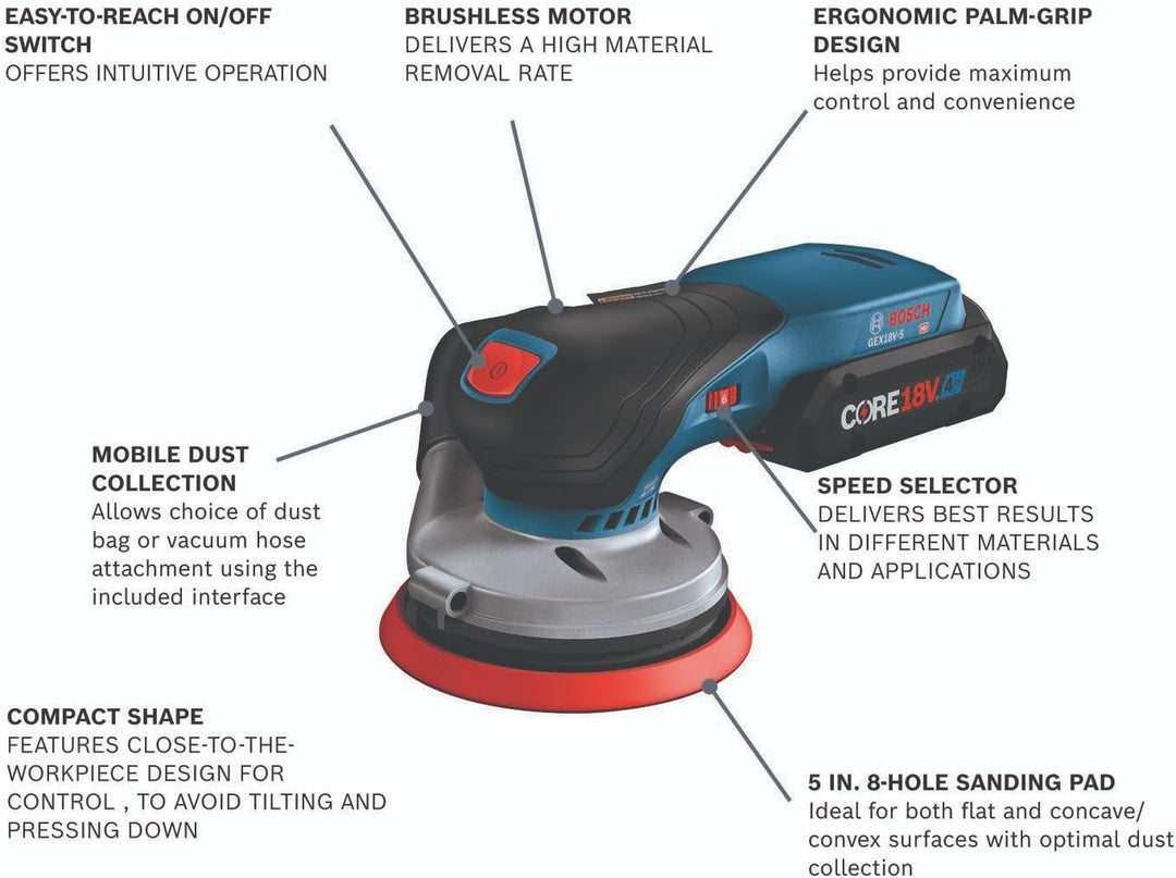 Bosch Brushless Random Orbit Sander Kit with 18V Advanced Power Battery