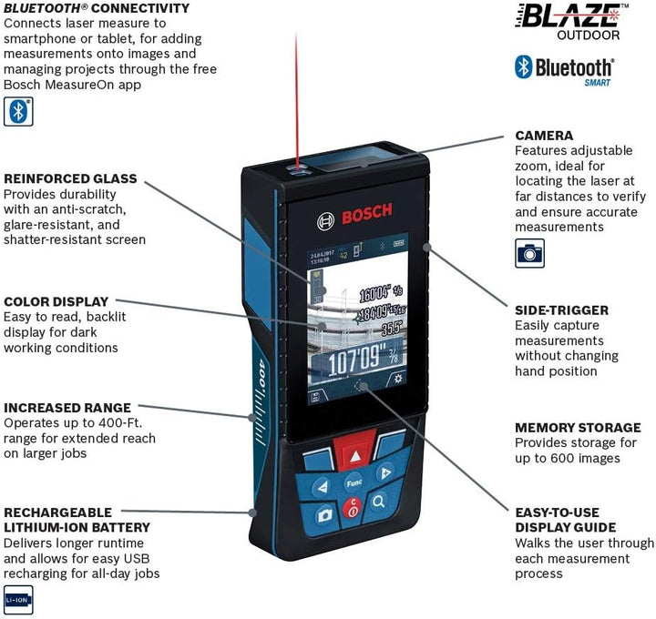 Bosch Blaze Outdoor Mesure laser connectée Bluetooth 400 pieds avec caméra et batterie lithium-ion