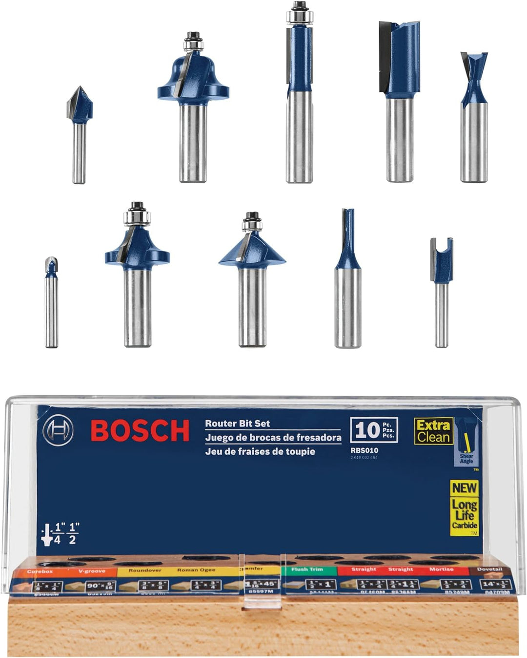 Bosch Jeu de mèches de toupie professionnelles tout usage à pointe en carbure de 1/2 po et 1/4 po - 10 pièces