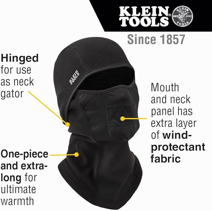 Klein Tools Warm Breathable Fleece Wind Proof Hinged Balaclava Face Mask - Black