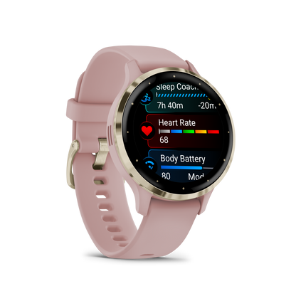 Garmin-Venu 3S Soft Gold Stainless Steel Bezel with Dust Rose Case and Silicone Band