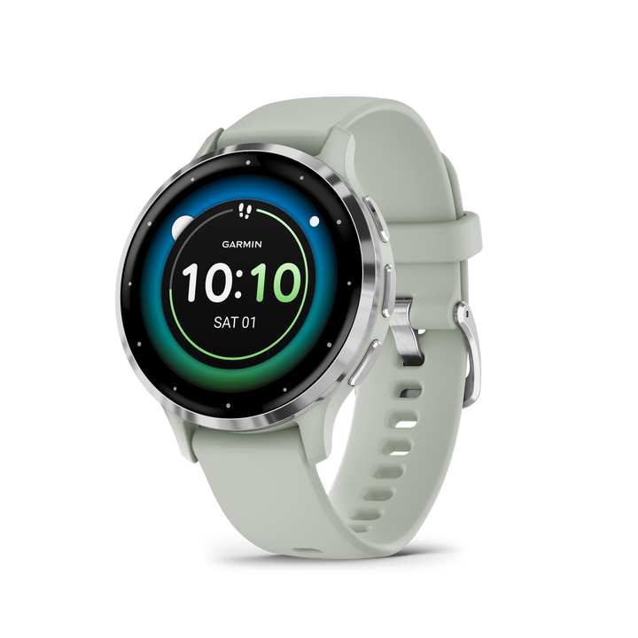 Garmin Venu Silver Stainless Steel Bezel with Sage Gray Case and Silicone Band