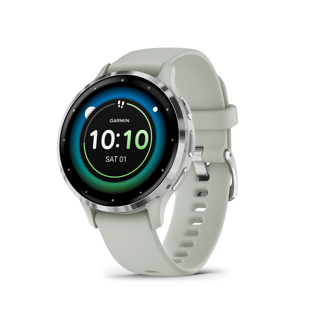 Garmin Venu Silver Stainless Steel Bezel with Sage Gray Case and Silicone Band