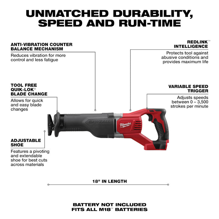 Milwaukee 18V Lithium Ion Cordless Sawzall  with Quik Lok Blade Clamp and All Metal Gearbox