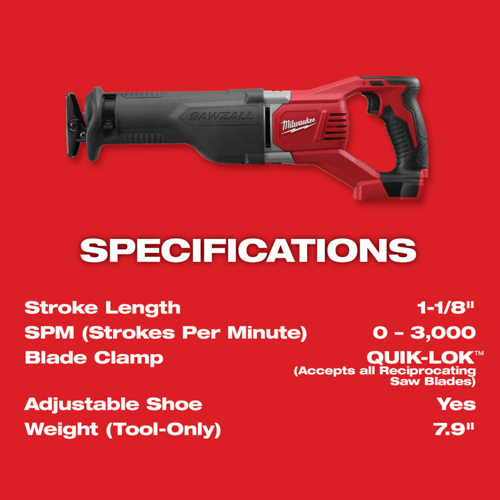 Milwaukee 18V Lithium Ion Cordless Sawzall  with Quik Lok Blade Clamp and All Metal Gearbox