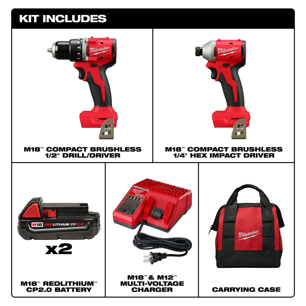Kit combiné compact sans balais Milwaukee avec perceuse et visseuse à percussion