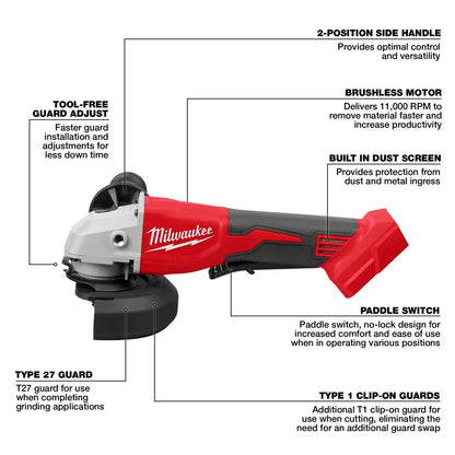 Meuleuse sans fil Milwaukee 18V 4.5" à 5" avec interrupteur à palette - Outil seulement