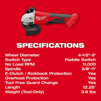 Meuleuse sans fil Milwaukee 18V 4.5" à 5" avec interrupteur à palette - Outil seulement