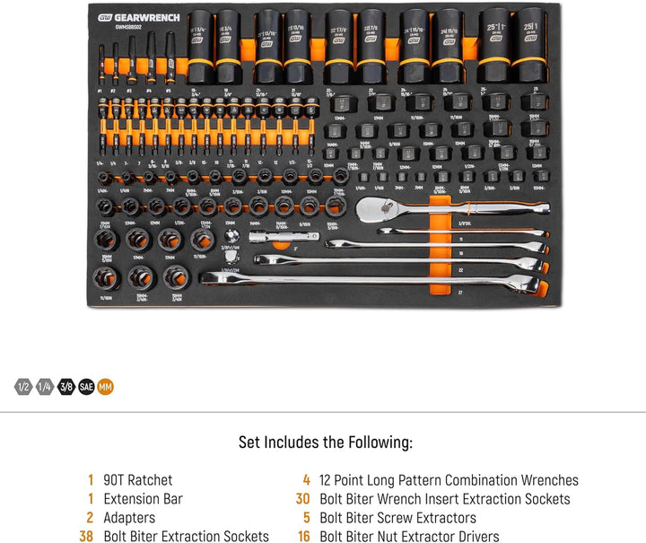 Gearwrench 1/4" 3/8" & 1/2" Drive Bolt Biter Set Mechanics Tool in Foam Storage Tray - 97 Piece
