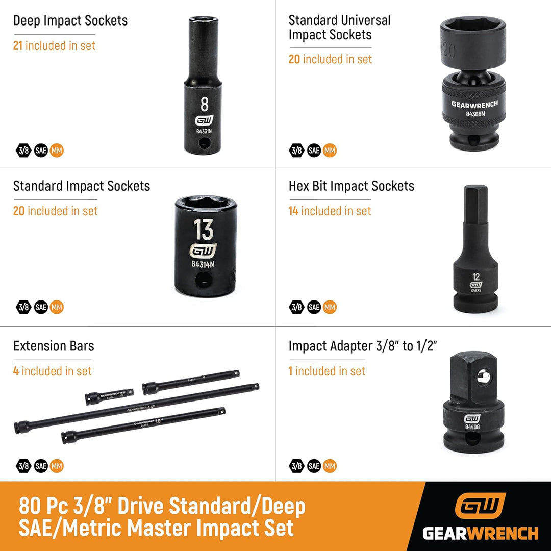 Gearwrench 3/8" Drive Standard & Deep SAE Master Impact Socket Set - 80 Piece