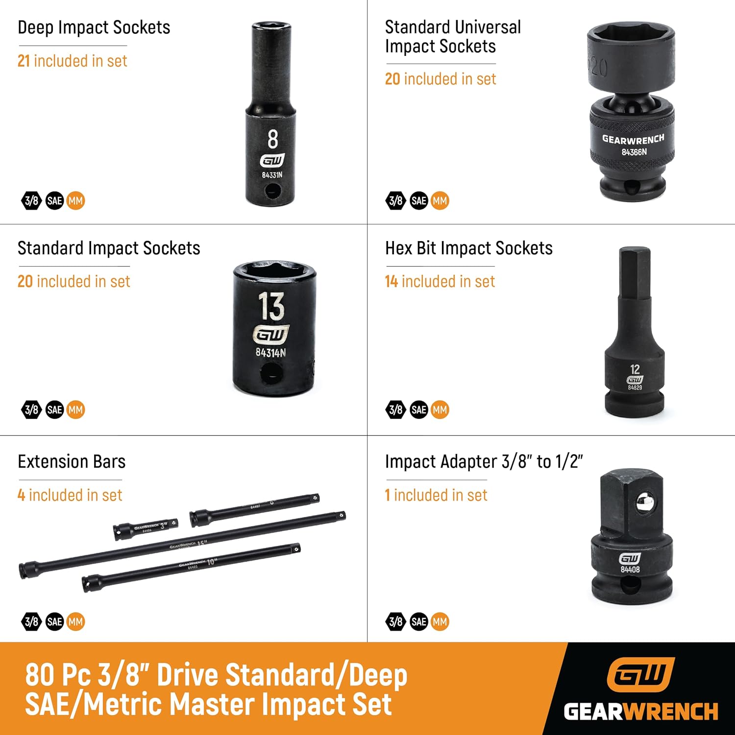 Gearwrench 3/8" Drive Standard & Deep SAE Master Impact Socket Set - 80 Piece