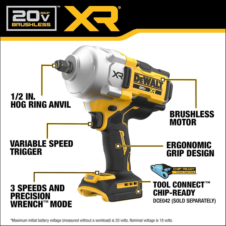 Dewalt 20V MAX Cordless Impact Wrench, 1/2" Hog Ring, High Torque, Brushless, Bare - Tool Only